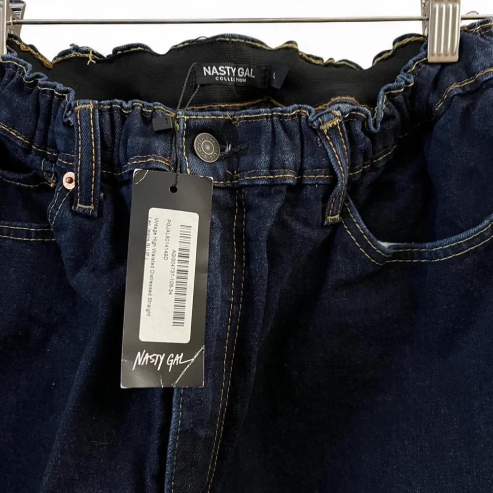 Nasty Gal Vintage Dark Wash High Waisted Distressed Straight Leg Jeans (Size L) - Picture 2 of 4